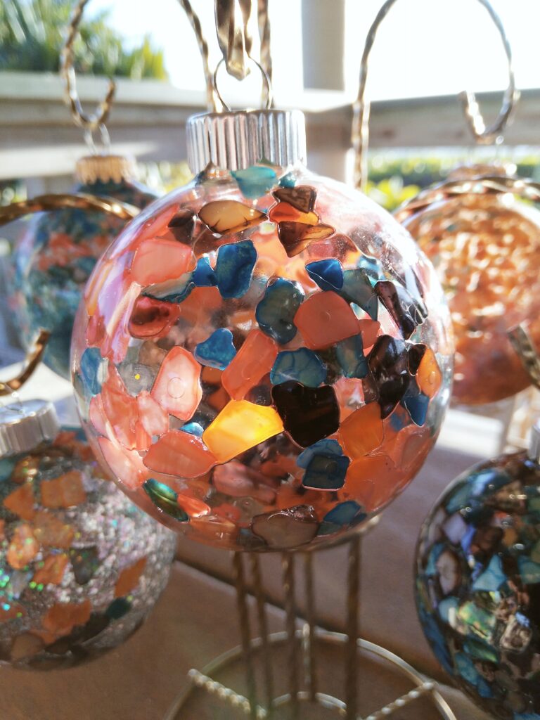 Crushed Shell Glass Ornament infused with colorful abalone shells